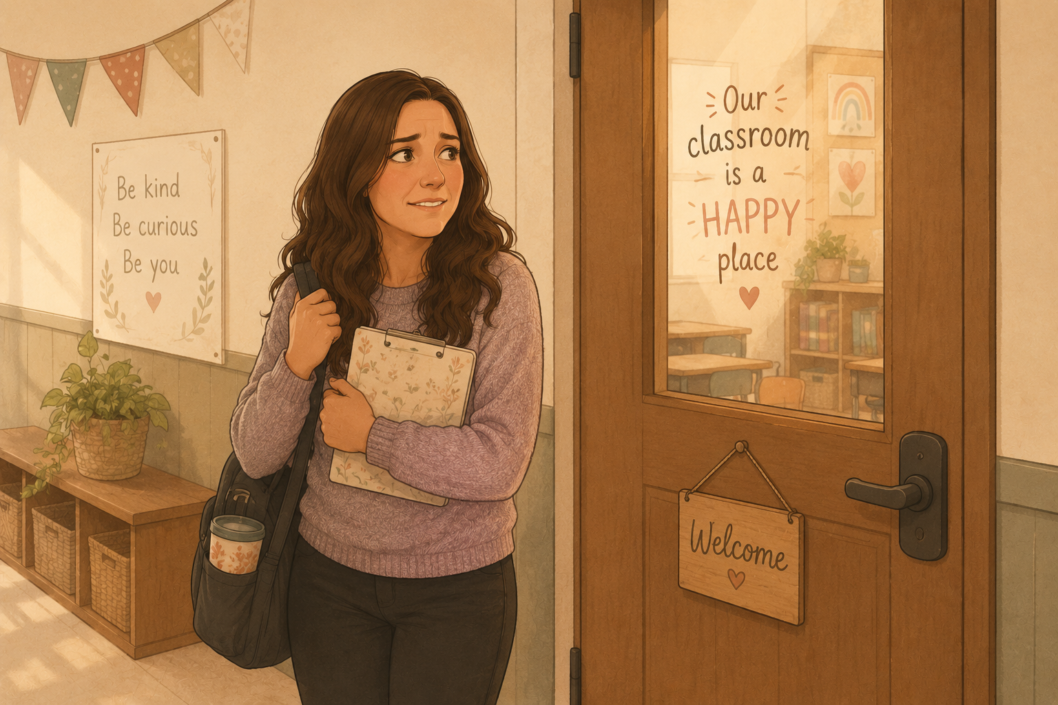 a woman looking into a classroom nervously